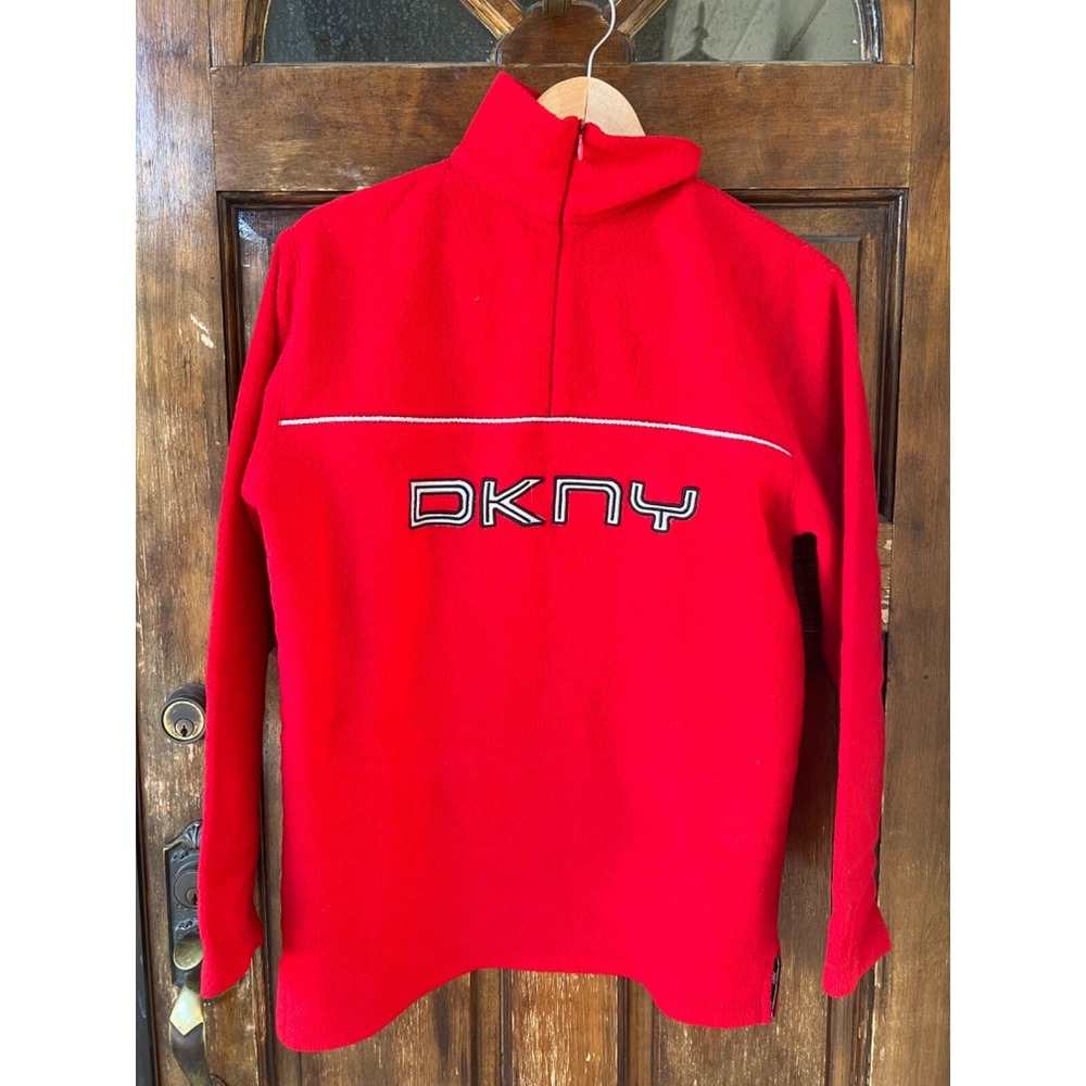 DKNY Y2K Sweatshirt 1/4 Zip Spellout Streetwear | Red | Size Small